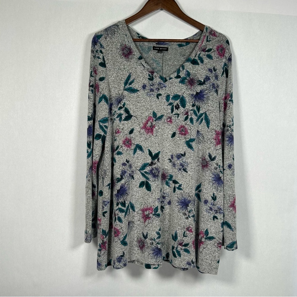 Lane Bryant Gray Floral Long Sleeve V-neck Top